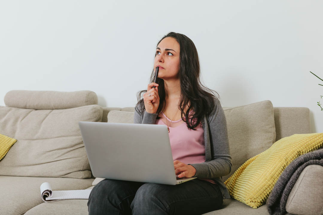 copywriter at work - journalist writing article - doubtful freelance - remote working manager thinking about strategy