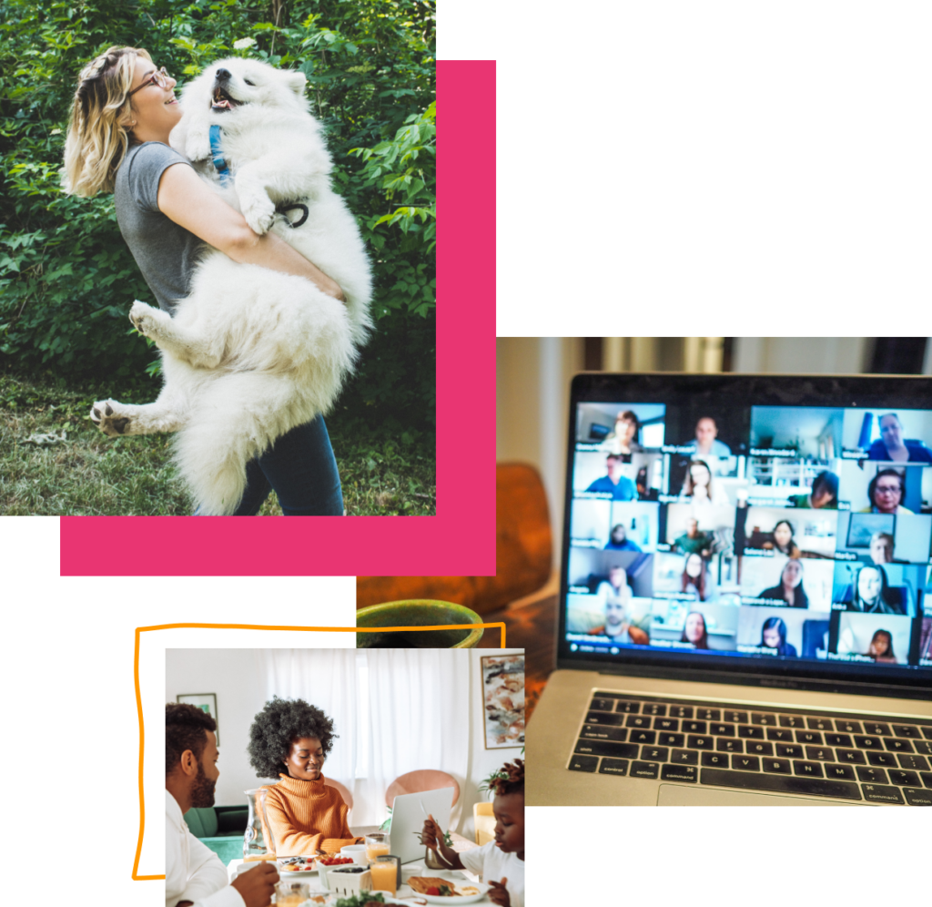 collage of reup employees on a zoom call and holding a samoyed
